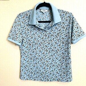 Crocodile blue top women floral collar short sleeve size S